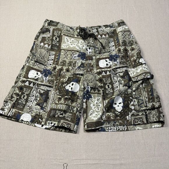 Big Dogs Blue Swim Trunks Mens Large Hawaiian Drawstring Vintage Skulls - Picture 1 of 7